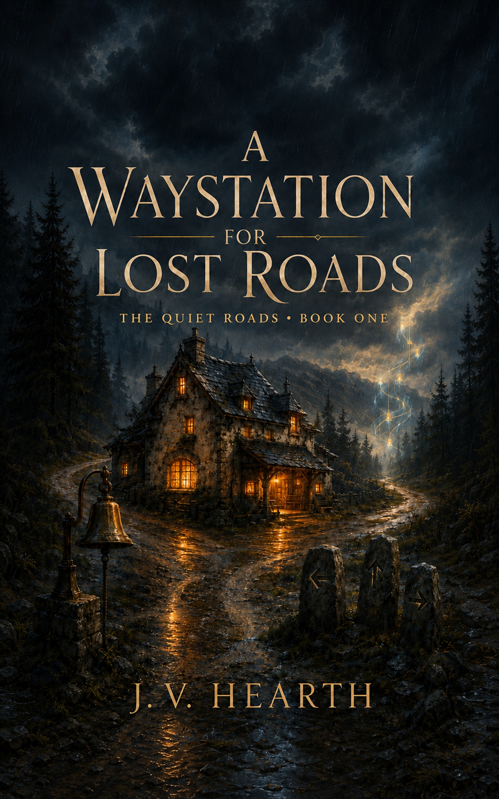 Cover of A Waystation for Lost Roads by J. V. Hearth, showing a glowing waystation where four roads meet.