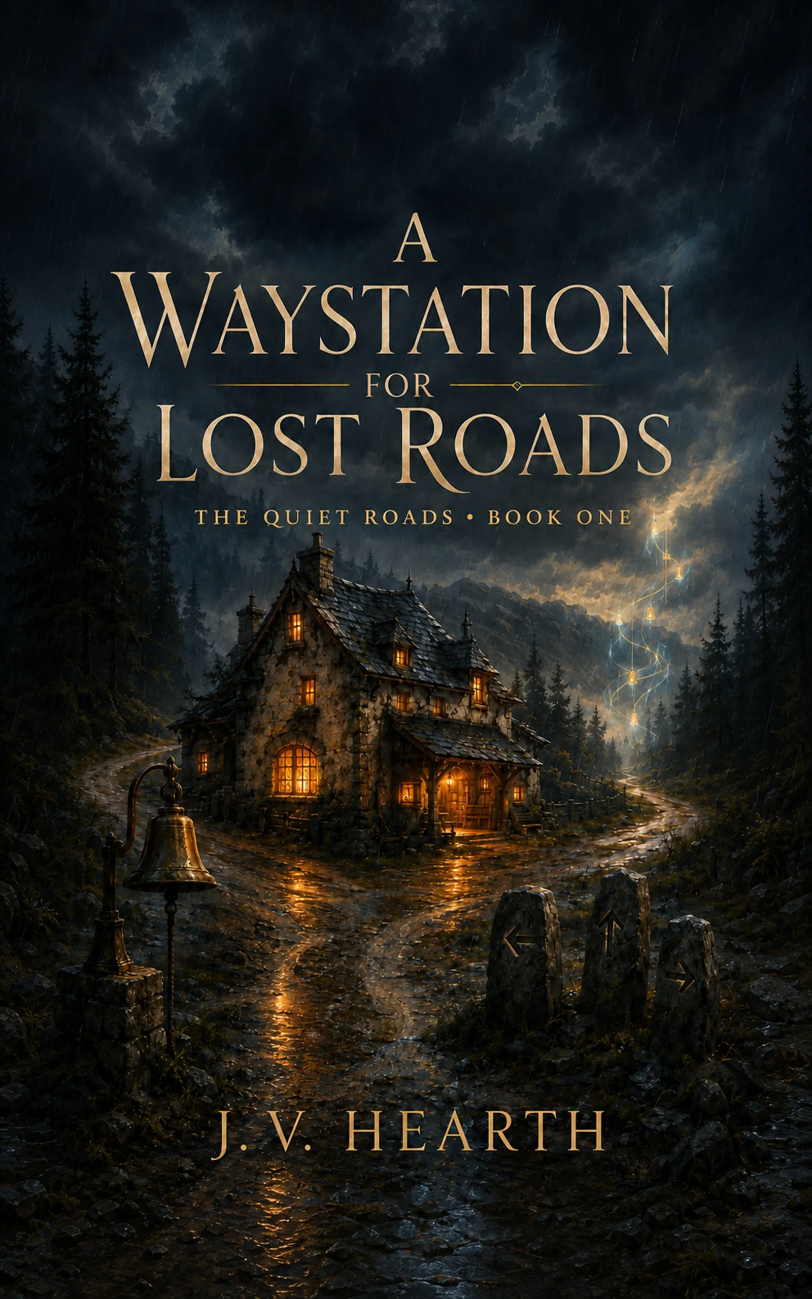 Cover of A Waystation for Lost Roads by J. V. Hearth, showing a glowing waystation where four roads meet.