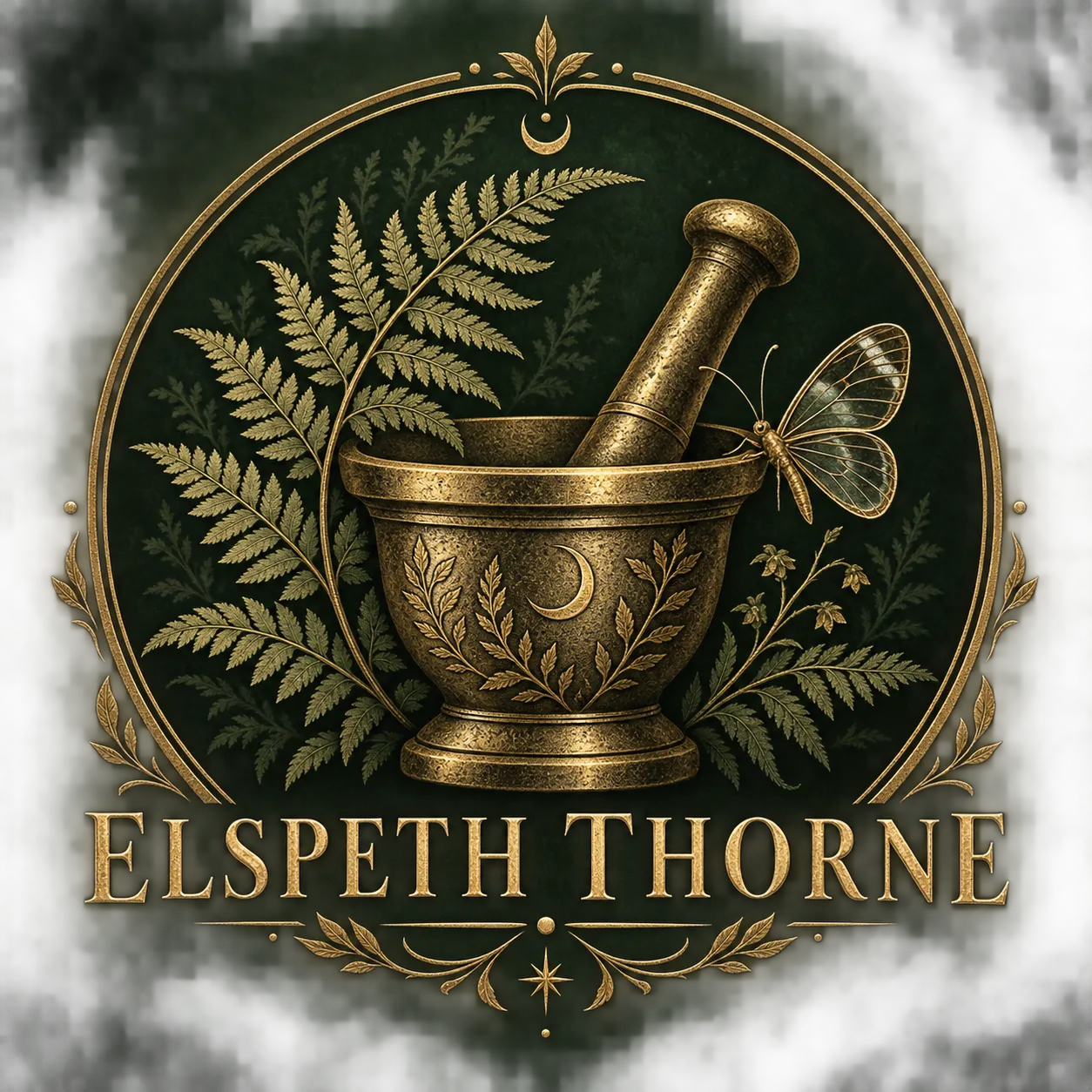 Elspeth Thorne author emblem in antique gold on woodland green, with a mortar and pestle, fern and glasswing moth.