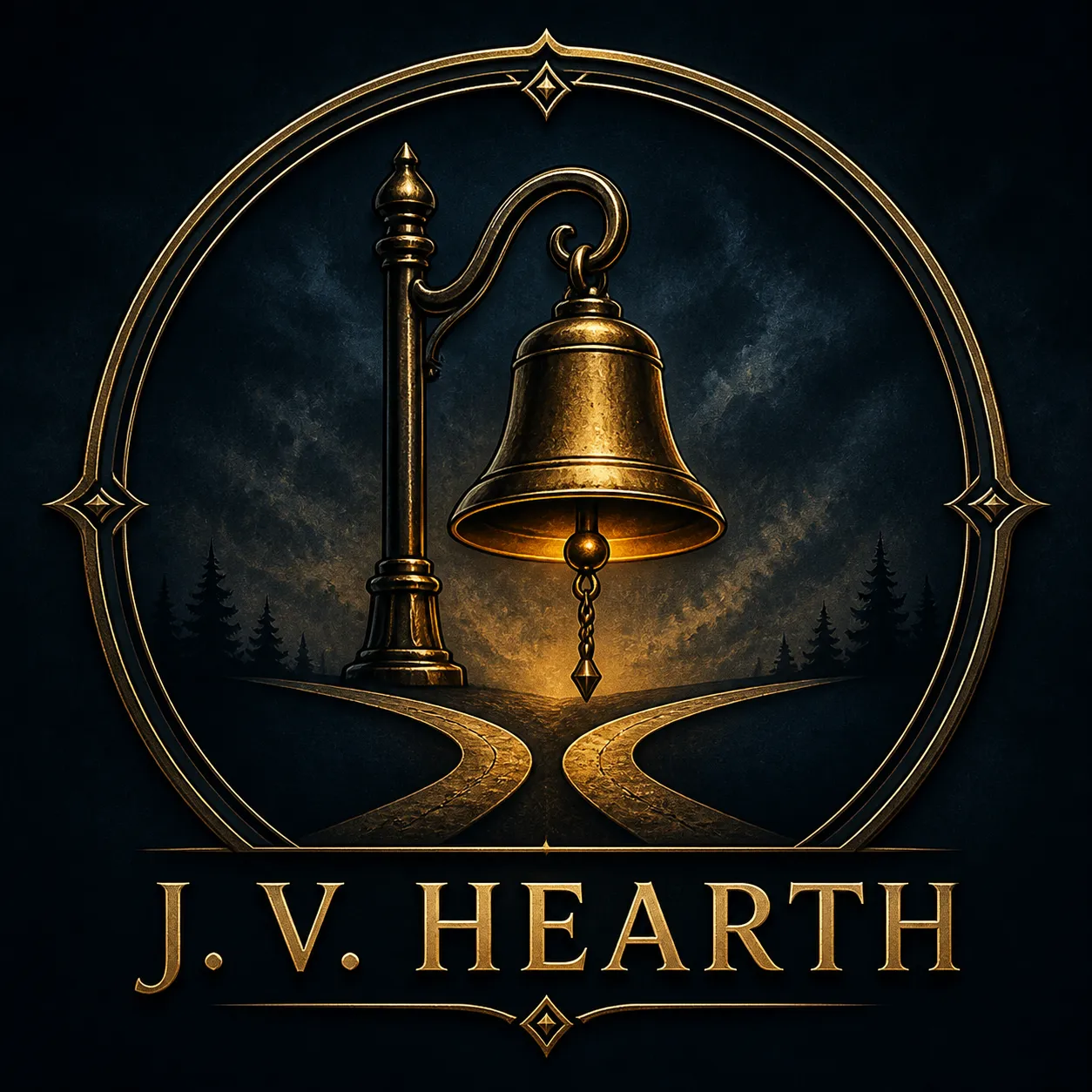 J. V. Hearth author emblem showing a bell above a forked road.