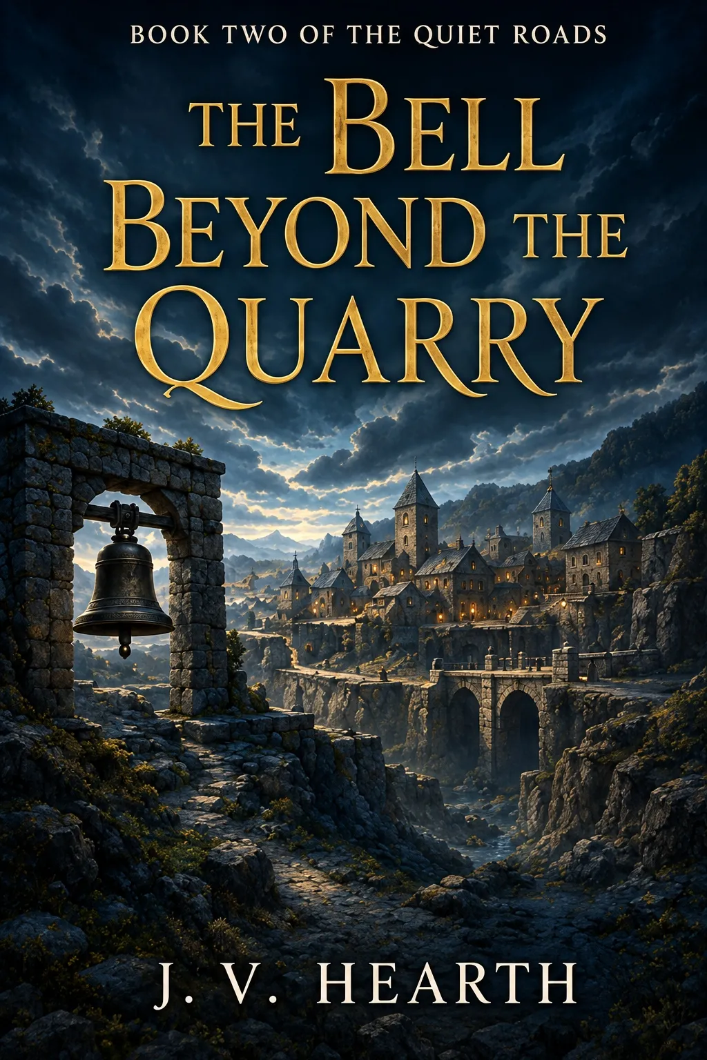 The Bell Beyond the Quarry by J. V. Hearth, The Quiet Roads Book Two, with a great bell above a lamplit quarry town.