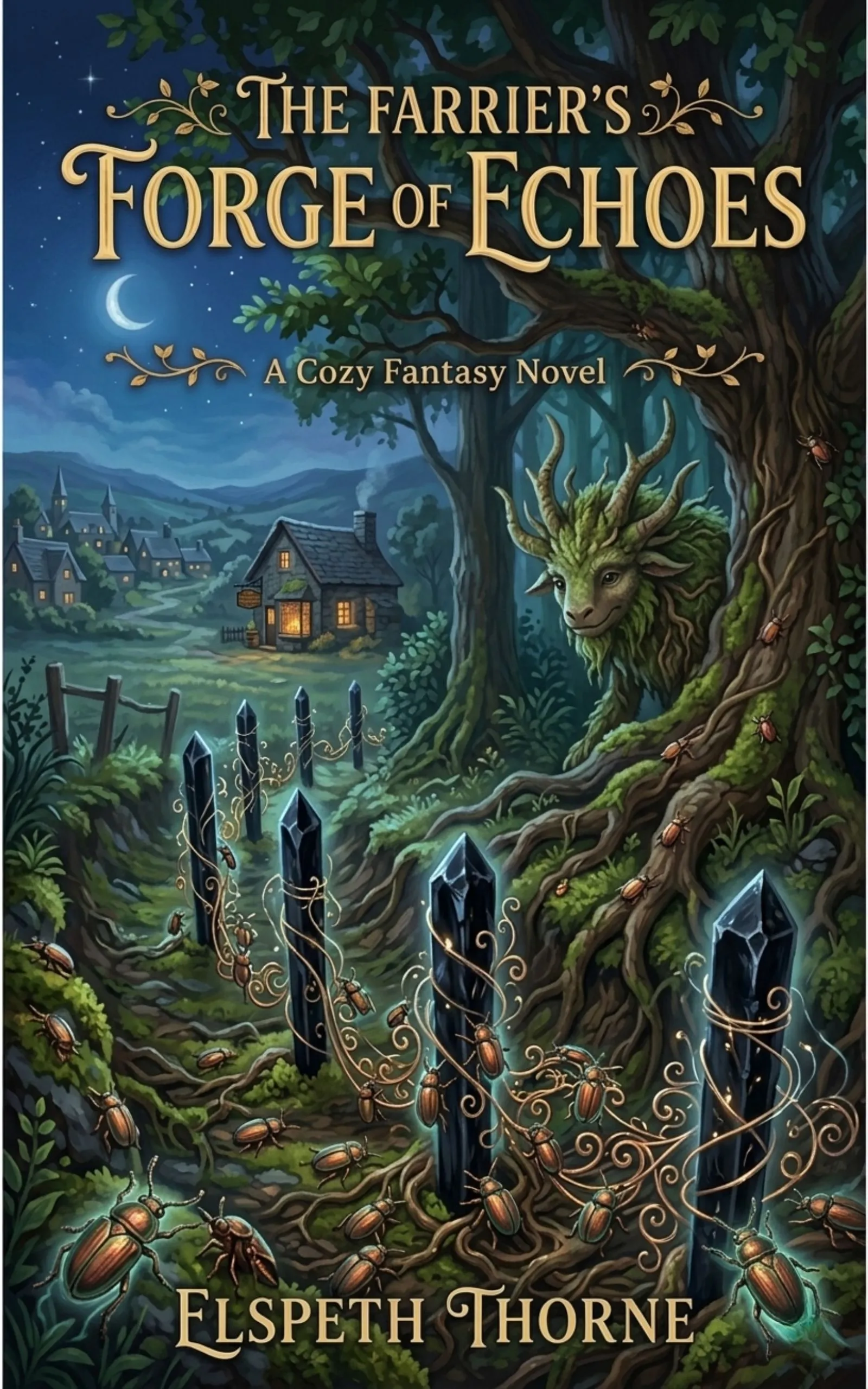 The Farrier’s Forge of Echoes by Elspeth Thorne, with a woodland creature, glowing iron fence posts and a lamplit village forge.