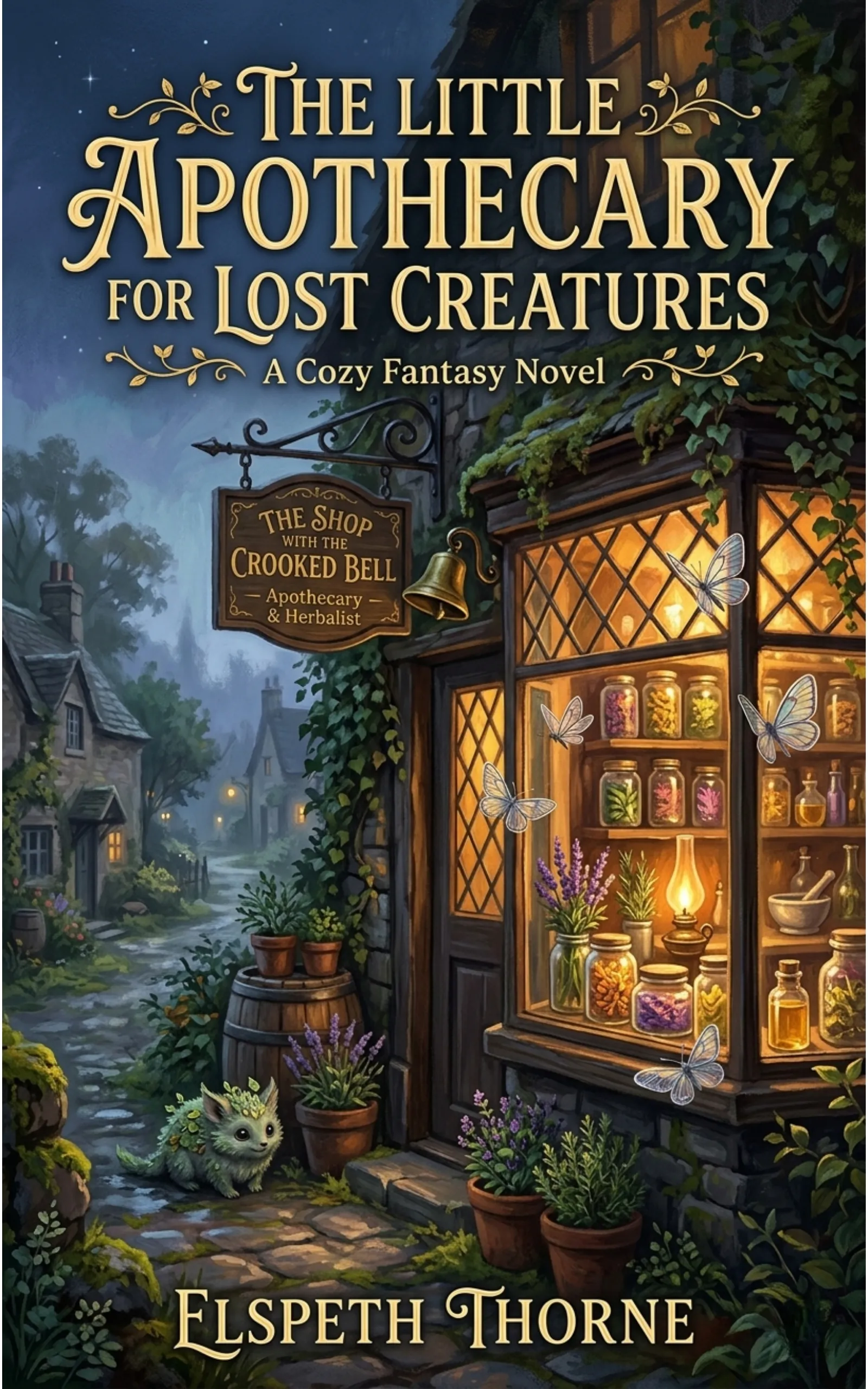 The Little Apothecary for Lost Creatures by Elspeth Thorne, with a lamplit apothecary, glasswing moths and a small moss-covered creature.